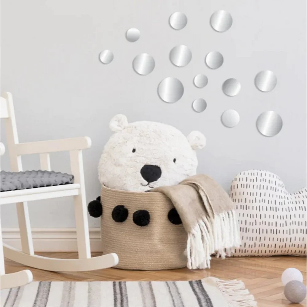 14Pc Peel & Stick Self-Adhesive Silver Circle Wall Acrylic Mirror Decals